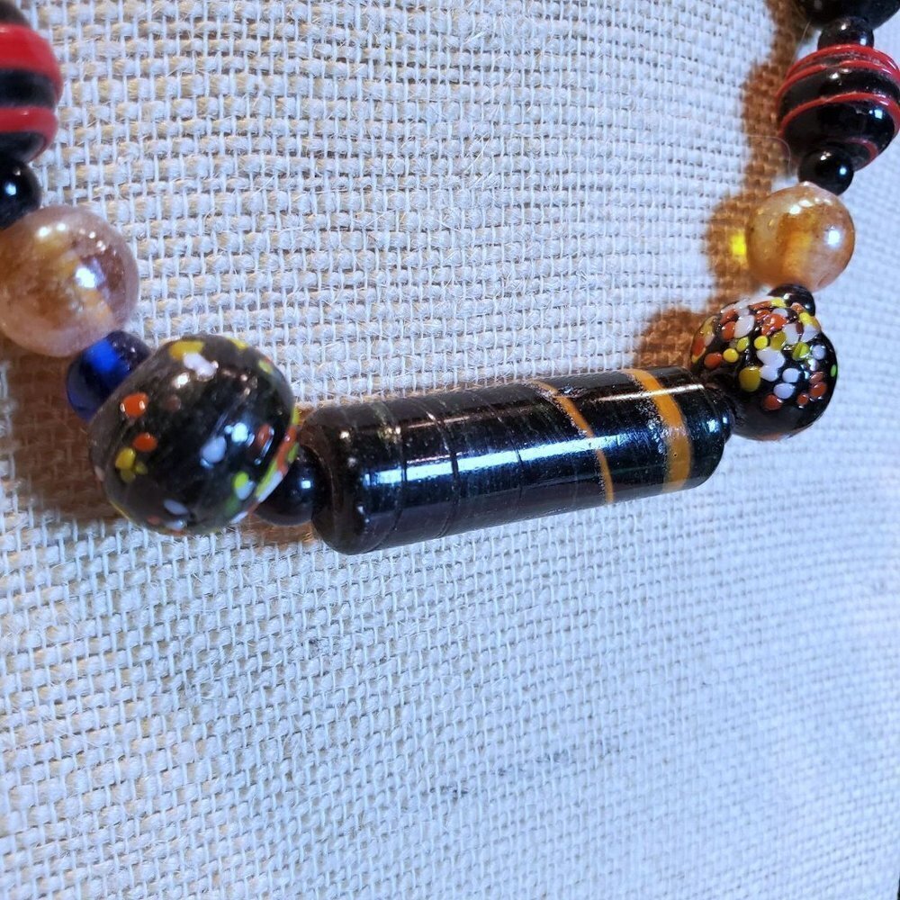India Artisan Vintage 90s Glass Beads Black Multi Necklace OOAK Style F - Picture 3 of 14